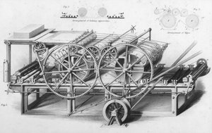 Doppeltrommel-Druckmaschine aus der Enzyklopädie der nützlichen Künste & Manufakturen, herausgegeben von Charles Tomlinson, ca. 1880er Jahre von English School