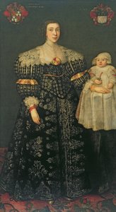 Doppelporträt von Mary, Lady Bowes, im Alter von 24 Jahren, und ihrem ältesten Sohn, Thomas, 1630 von English School