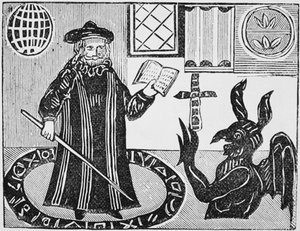 Dr. Faustus in einem magischen Kreis, Frontispiz der Übersetzung von Dr. Faustus von Gent, veröffentlicht 1648