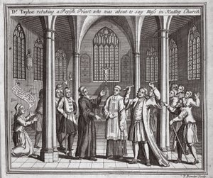 Dr. Taylor tadelt einen papistischen Priester, der im Begriff war, in der Hadley-Kirche die Messe zu lesen, Illustration aus Foxes Märtyrer, ca. 1703 von English School