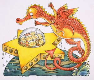 Drache umkreist sternförmiges Raumschiff