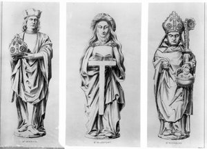 Zeichnungen der Heiligen Martin, Wilgefort und Nikolaus von ihren Statuen in der Henry VII Kapelle, Westminster Abbey von English School