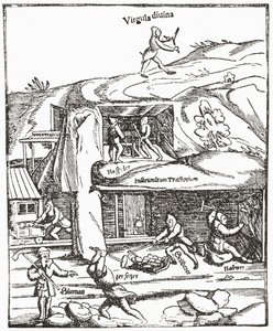 Frühe Darstellung der Wünschelrute, zeigt eine Figur mit einer Wünschelrute über der Erde, die nach Wasser, Kohle oder Gold sucht, und die Bergleute unter der Erde, die nach Kohle suchen (aus The Strand Magazine, veröffentlicht 1897)