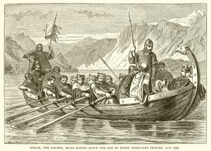 Edgar, der Friedliche, wird von acht tributpflichtigen Fürsten den Dee hinuntergerudert, 959 n. Chr. von English School