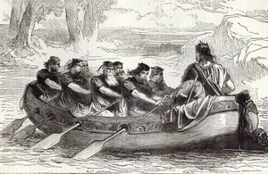 Edgar der Friedliche wird von acht tributpflichtigen Fürsten den Fluss Dee hinuntergerudert, Illustration aus 