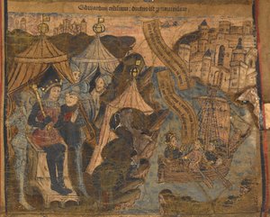 Eduard von York, zusammen mit den Grafen von Salisbury und Warwick, segeln nach Calais, nach der Schlacht von Ludford Bridge. König Heinrich VI. schaut triumphierend zu, Illustration aus 