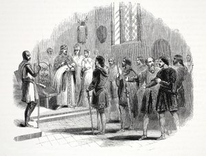 Edward der Erste präsentiert den walisischen Häuptlingen einen unter ihnen geborenen Prinzen in Rhuddlan Castle von English School