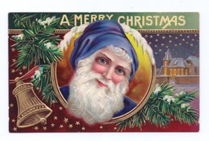 Edwardianische Weihnachtskarte von Weihnachtsmann mit Mistelzweig und Glocke, ca. 1910 von English School
