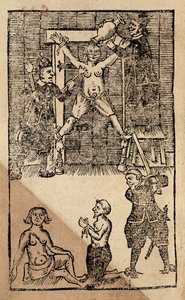 Niederländische Siedler in Amboyna foltern einen englischen Kaufmann vor dem Massaker von 1623 (Holzschnitt) von English School