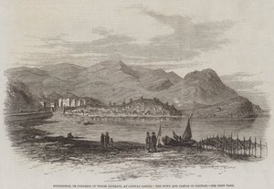 Eisteddfod oder Kongress der walisischen Literaten im Schloss Conway, die Stadt und das Schloss Conway (Stich) von English School