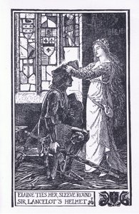Elaine bindet ihren Ärmel um Sir Lancelots Helm, Illustration aus 