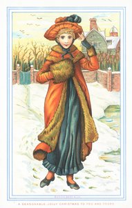 Elegante Dame im Schnee, Weihnachtskarte