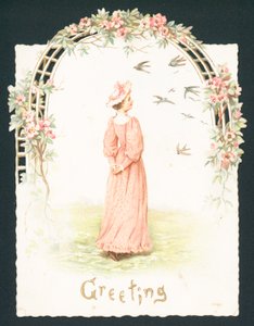 Elegante Dame steht unter Torbogen, Weihnachtskarte von English School