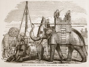 Kampfelefant mit Rüstung und Howdah, Illustration aus Cassells Illustrierter Geschichte Indiens von James Grant, veröffentlicht 1879