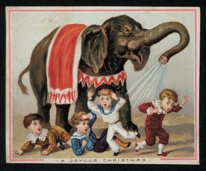 Elefant bespritzt spielerisch Kinder mit Wasser, Weihnachtskarte von English School