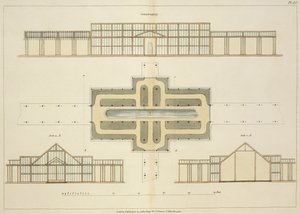 Ansichten und Grundriss eines Gewächshauses, aus Hints on the Formation of Gardens and Pleasure Grounds von John Claudius Loudon (1783-1843) veröffentlicht 1812