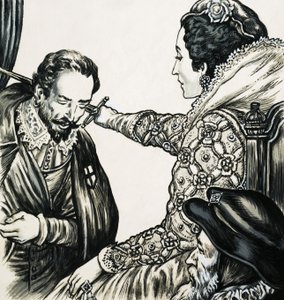 Elizabeth I. schlägt einen ihrer treuen Diener zum Ritter