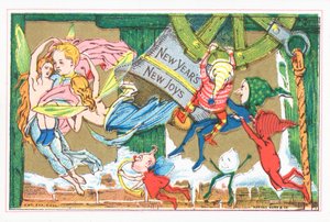 Elfen und Engel feiern Neujahr, Neujahrskarte von English School