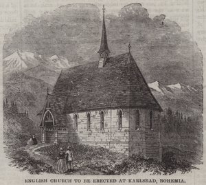 Englische Kirche, die in Karlsbad, Böhmen, errichtet werden soll (Stich)