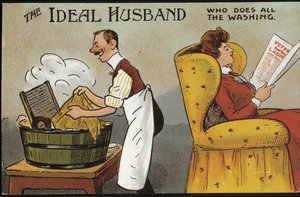 Englische Karikatur (idealer Ehemann): der ideale Ehemann (der die ganze Wäsche macht) von English School