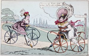 Englische Karikatur über Steckenpferde im Jahr 1819 (erste Fahrräder) - in „Le cycling théorique et pratique“ von Baudry de Saulnier