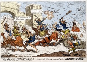 Englische Karikatur über die Ankunft der napoleonischen Armee in Warschau nach dem russischen Rückzug im Dezember 1812 von English School