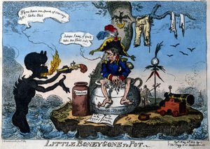 Englische Karikatur, die Kaiser Napoleon I. im Exil auf der Insel Elba darstellt: Er sitzt auf seinem neuen Thron in Form eines Nachttopfs, ein Dämon gibt ihm eine Pistole, falls er den Mut hat, sie zu benutzen. Mai 1814. von English School