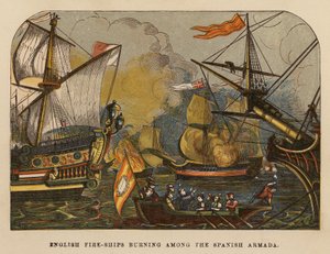 Englische Brandschiffe brennen unter der spanischen Armada (farbige Gravur) von English School