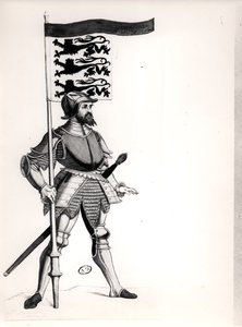 Englischer Soldat hält ein Banner mit den drei Löwen von England