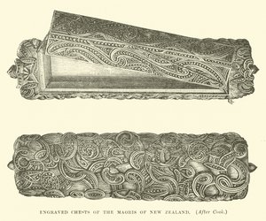 Gravierte Truhen der Maoris von Neuseeland, nach Cook von English School