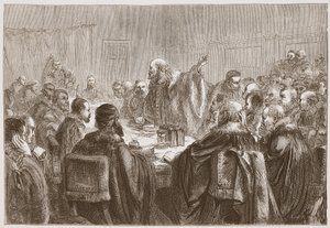 Episcopius spricht die Mitglieder der Synode von Dordrecht an, Illustration aus The History of Protestantism von James Aitken Wylie, veröffentlicht 1878 von English School