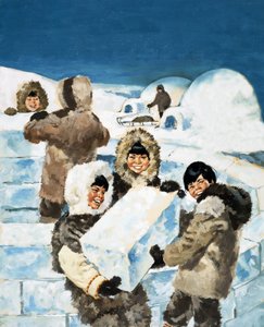 Eskimo-Jungen bauen ein Iglu