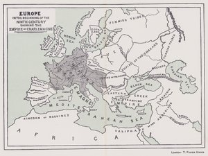 Europa zu Beginn des neunten Jahrhunderts, zeigt das Reich Karls des Großen (Farblithografie) von English School