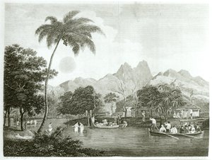 Europäische Missionare in einem tahitianischen Dorf, aus A Missionary Voyage to the Southern Pacific Ocean Performed in the Years 1796-98 in the Ship Duff, veröffentlicht 1799 von English School