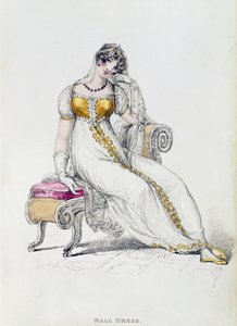 Abendkleid oder Hochzeitskleid, Modeplatte aus Ackermanns Repository of Arts von English School
