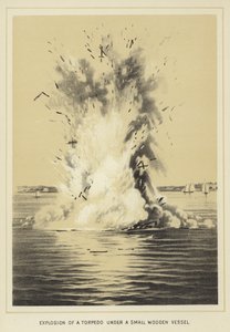 Explosion eines Torpedos unter einem kleinen Holzschiff von English School