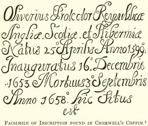 Faksimile der Inschrift, die im Sarg von Cromwell gefunden wurde von English School
