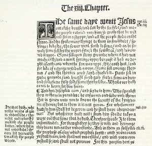 Faksimile des Matthäus-Evangeliums, Kapitel XIII, Verse 1-15, aus Tyndales Testament, Illustration aus The History of Protestantism von James Aitken Wylie, veröffentlicht 1878 von English School