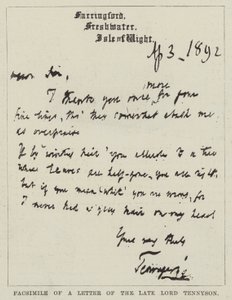 Faksimile eines Briefes des verstorbenen Lord Tennyson von English School