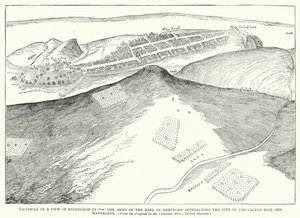 Faksimile einer Ansicht von Edinburgh im Jahr 1544, die Armee des Earl of Hertford nähert sich der Stadt über den Calton Hill und Watergate von English School