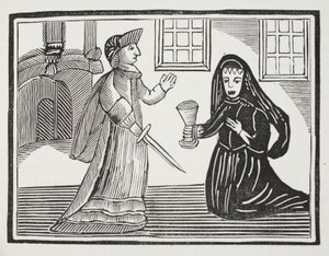 Die schöne Rosamunde wird von Königin Eleanor vergiftet, Illustration aus Chap-books des achtzehnten Jahrhunderts von John Ashton, veröffentlicht 1882