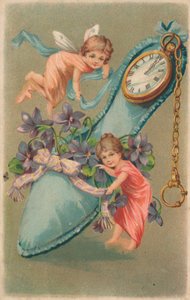 Feen binden Bänder und Blumen um ein Kissen, Neujahrskarte