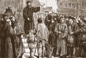 Farel predigt auf dem Marktplatz von Neuchatel, Illustration aus Die Geschichte des Protestantismus von James Aitken Wylie, veröffentlicht 1878