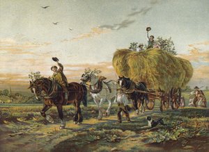 Bauern kehren mit Heuwagen von den Feldern zurück