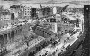 Farringdon Road und die Metropolitan Railway nach Norden blickend von English School