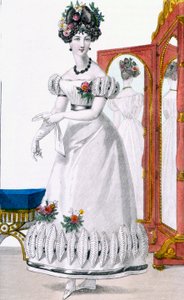 Modeplatte einer Dame im Abendkleid, Werbung aus 