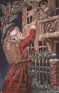 Weihnachtsmann winkt einer Mutter und einem Kind