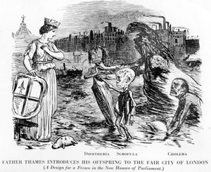 Vater Thames stellt seine Nachkommen der schönen Stadt London vor, die Nachkommen sind Diphtherie, Skrofulose und Cholera. Mehr ein offener Abwasserkanal als ein Fluss, der widerliche Zustand der Themse in London. von English School