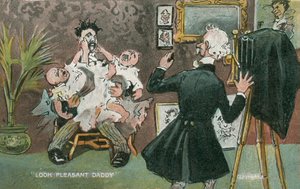 Vater posiert für ein Foto mit zwei schreienden Babys auf dem Schoß (Farblithografie) von English School