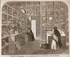 Kleiderlager für weibliche Gefangene im Tothill Fields Prison, Illustration aus The Criminal Prisons of London and Scenes from Prison Life von Henry Mayhew und John Binny, veröffentlicht 1862 von English School